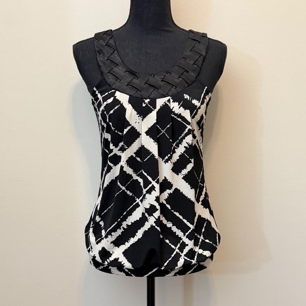 Heart Soul Black Tan Abstract Grid Bubble Hem Blouse Woven Neckline Womens M